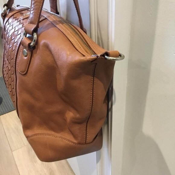 Cole Haan Heritage Weave Leather Archer Satchel Bag in Cognac with Zip Closure - Picture 6 of 13